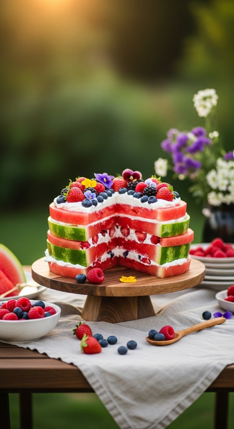Layered Watermelon Smash Cake Frosted With Greek Yogurt And Fresh Berries On A Rustic Wooden Stand.