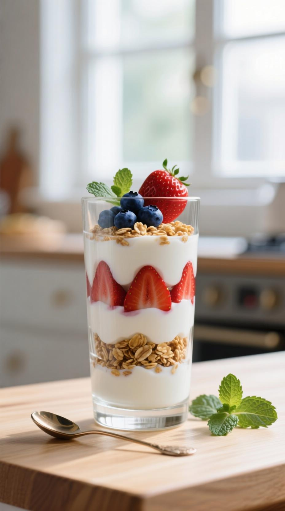 Layered Yogurt Parfait In A Clear Glass With Greek Yogurt Granola Strawberries And Blueberries On A Light Wood Surface