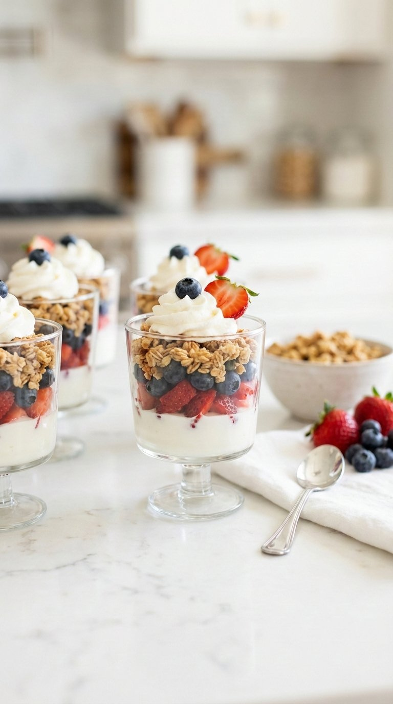 Layered Yogurt Parfaits With Fresh Berries And Granola In Clear Glass Cups On Marble