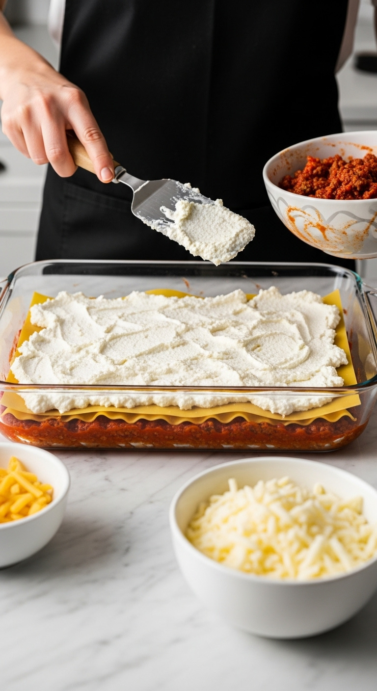 Layering Lasagna In A Glass Baking Dish With Meat Sauce Pasta And Creamy Ricotta Filling Bright Studio Light On Marble Countertop
