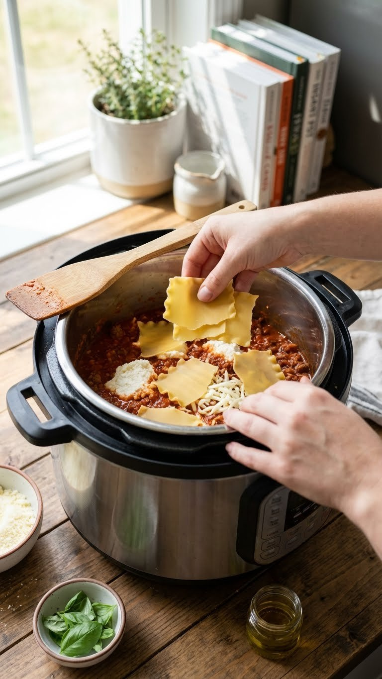 Layering Uncooked Lasagna Noodles With Rich Meat Sauce, Ricotta, And Mozzarella In An Instant Pot, Showcasing Hands-On Italian Meal Preparation.