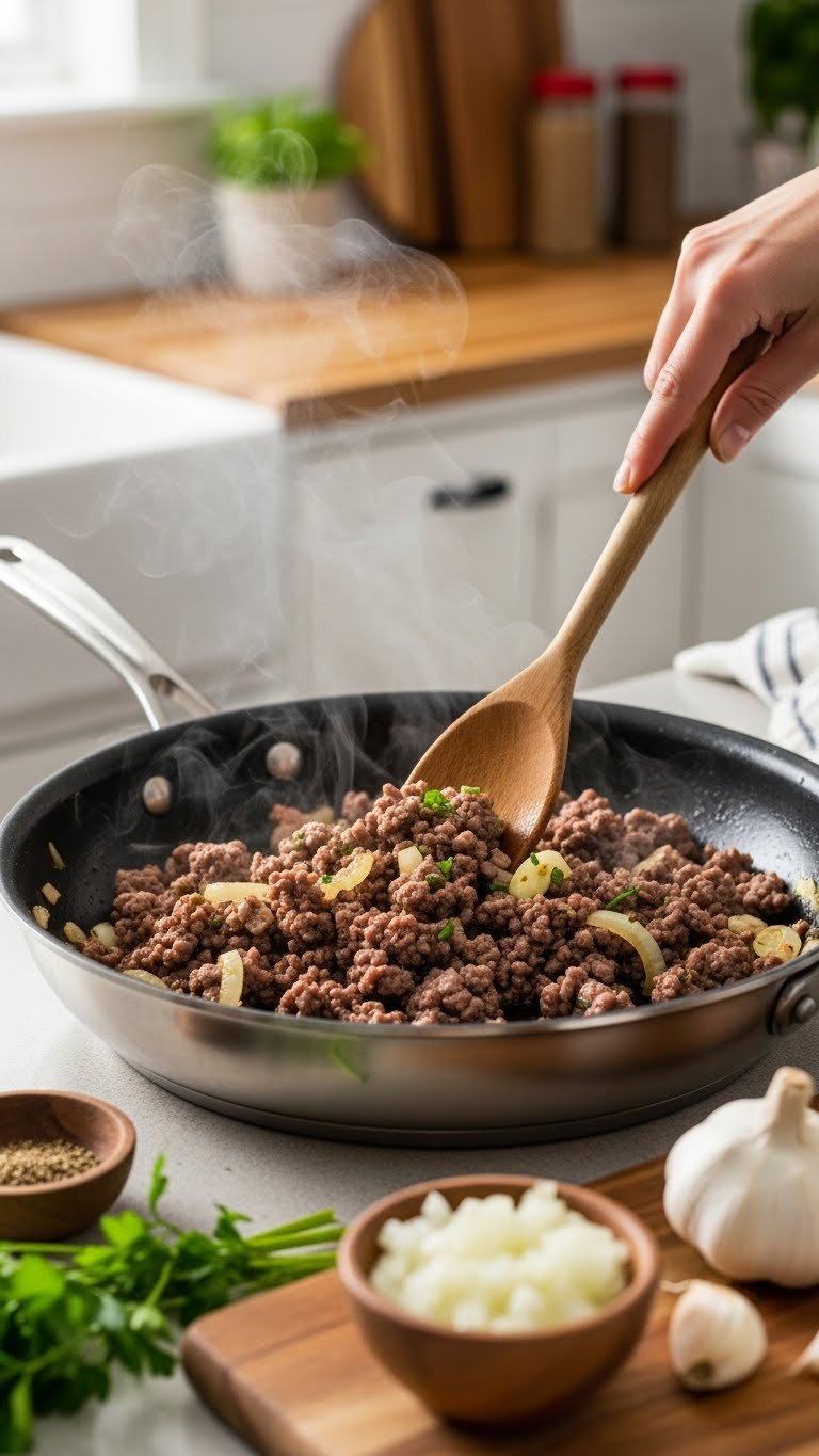 Lean Ground Beef Browning With Diced Onions And Garlic In Stainless Steel Skillet, Steam Rising From Savory Cooking Process.