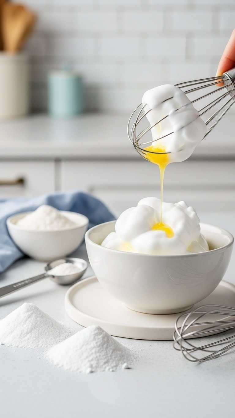 Leavening Agents Including Baking Soda, Baking Powder, And Whipped Egg Whites On White Ceramic Surface