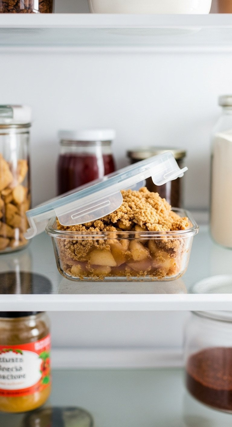 Leftover Apple Crisp In Glass Airtight Container, Lid Sealing For Storage On Organized Refrigerator Shelf.