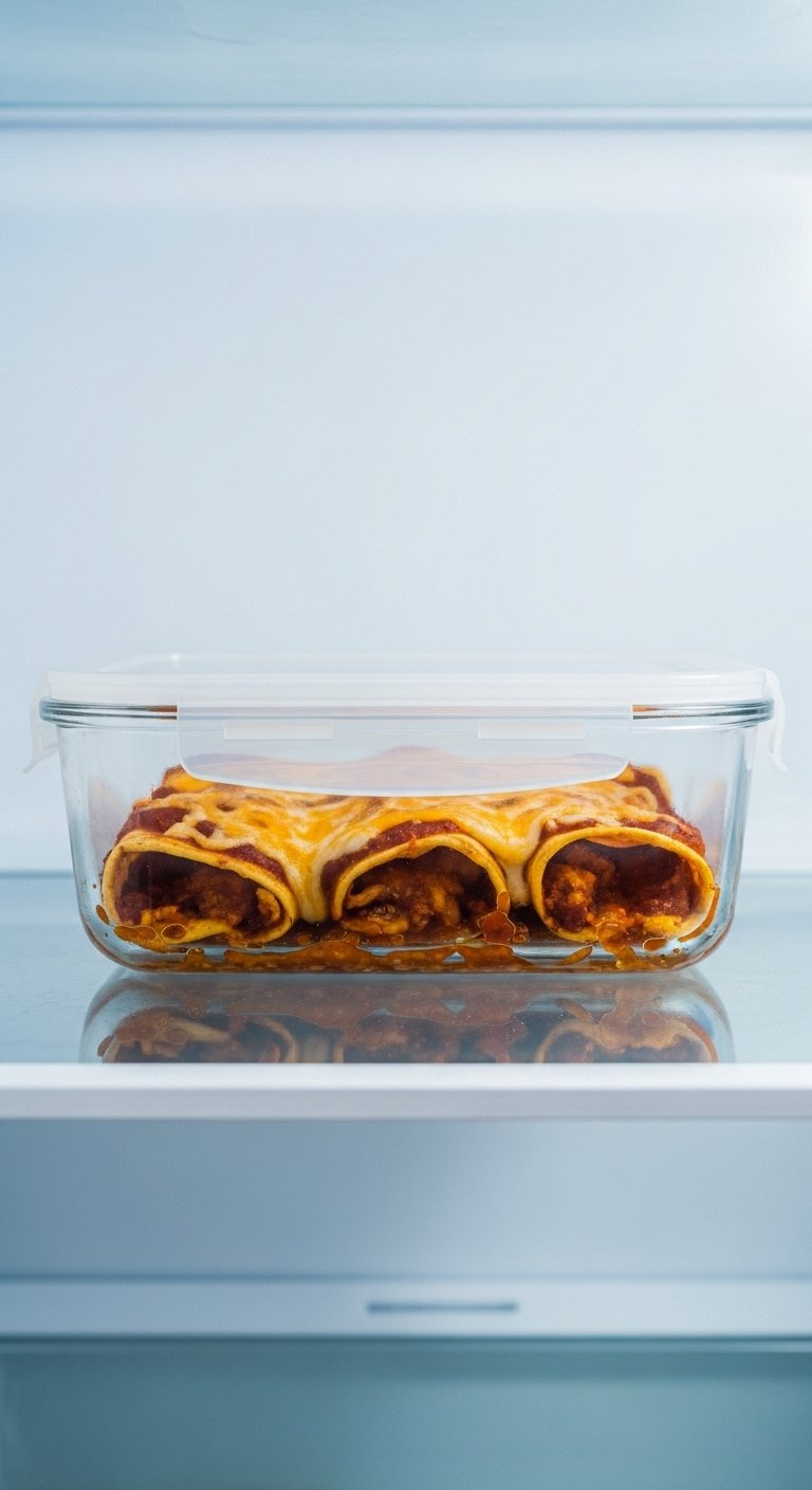 Leftover Chicken Enchiladas Stored In A Glass Container Inside A Bright Refrigerator.