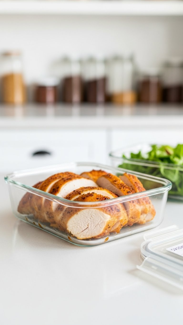 Leftover Gluten-Free Baked Chicken Slices Neatly Stored In Transparent Glass Meal Prep Container For Efficient Food Preservation.