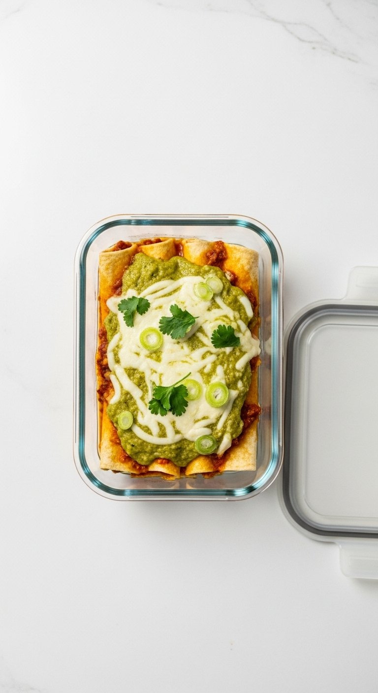 Leftover Green Chicken Enchiladas Stored Neatly In A Glass Meal Prep Container On A White Kitchen Counter.