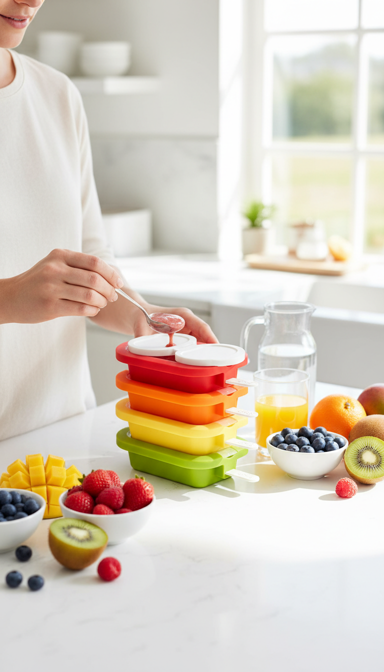 A Photo Showing The Lékué Popsicle Molds Being Filled With Yogurt And Fruit Puree, With Ingredients Like Berries And Yogurt Tubs Nearby.