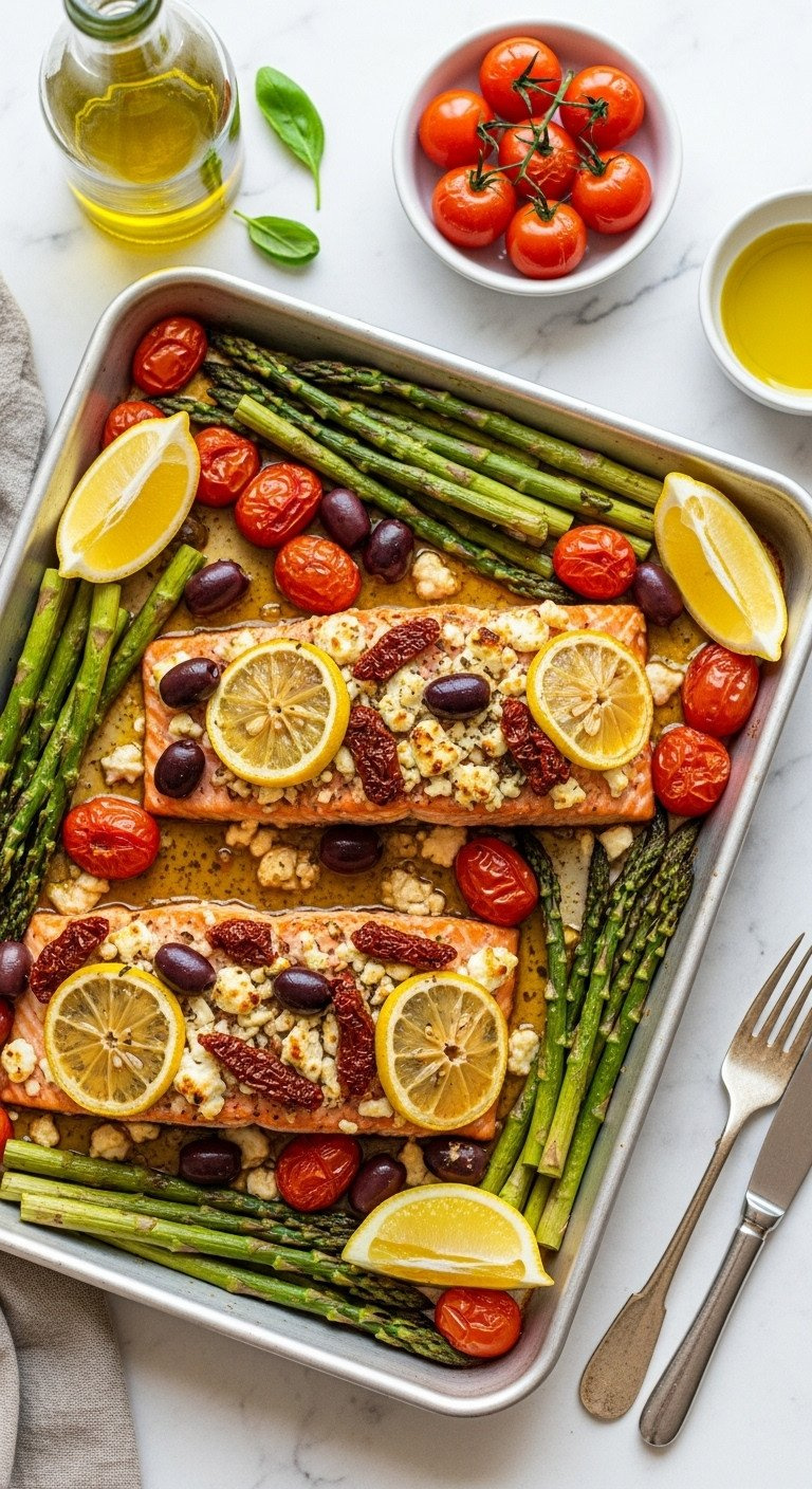 Lemon-Feta Salmon Bake, Colorful With Feta, Sun-Dried Tomatoes, Olives, Lemon, And Roasted Vegetables.