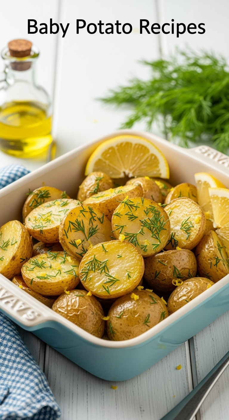 Lemon And Dill Roasted Baby Potatoes In A Light Blue Ceramic Dish With Lemon Wedges And Fresh Dill