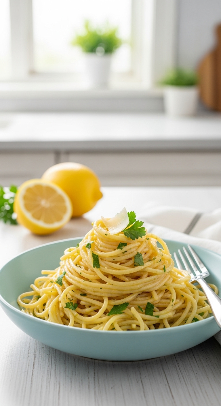 Lemon Angel Hair Pasta With Lemon Butter Sauce Parsley And Parmesan In A Light Blue Bowl On White Wood With Fresh Lemons And Napkin