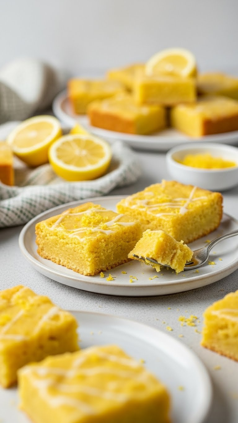 Lemon Chickpea Flour Blondies With Bright Yellow Hue And Lemon Glaze On Ceramic Plate With Fresh Lemon Slices.