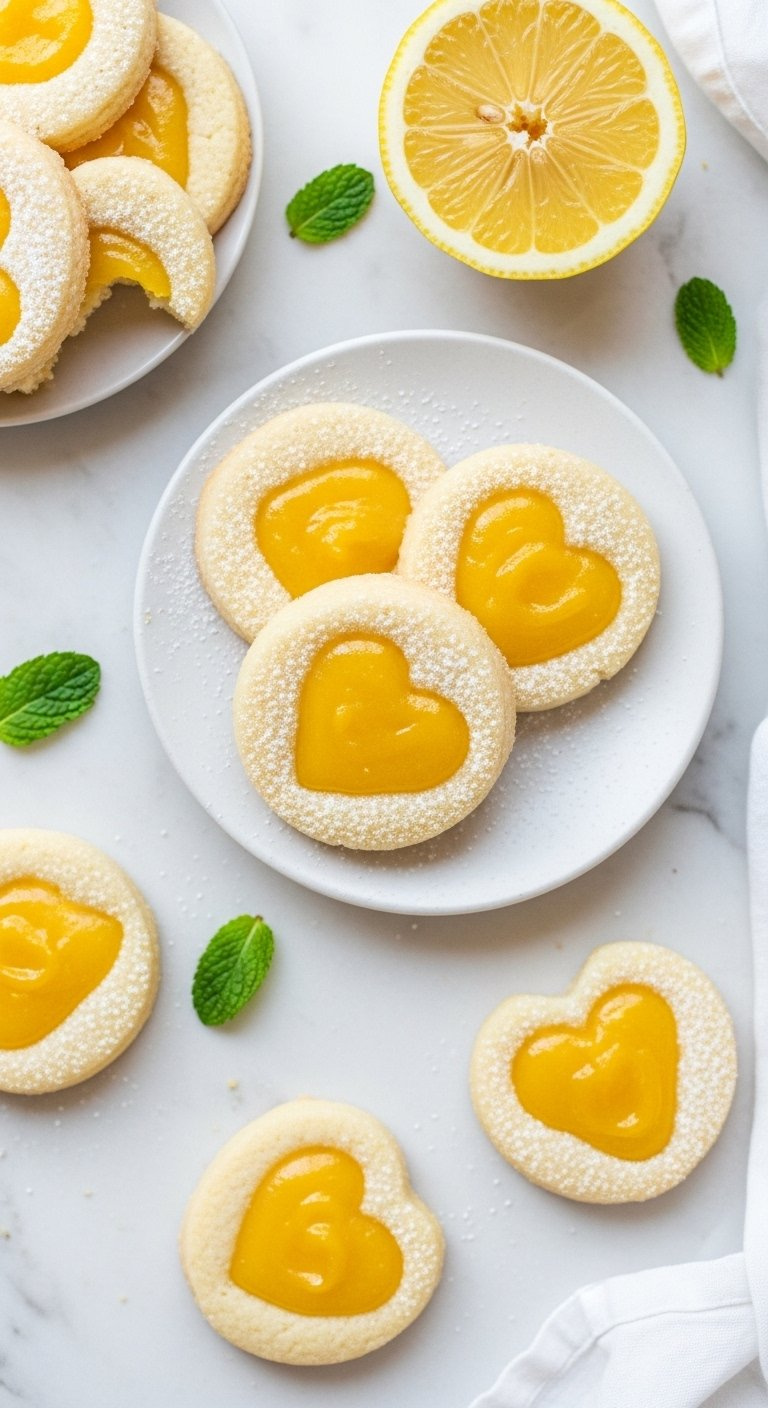 Lemon Curd Thumbprint Heart Cookies With Fresh Mint And Lemon Slices On A White Marble Background.