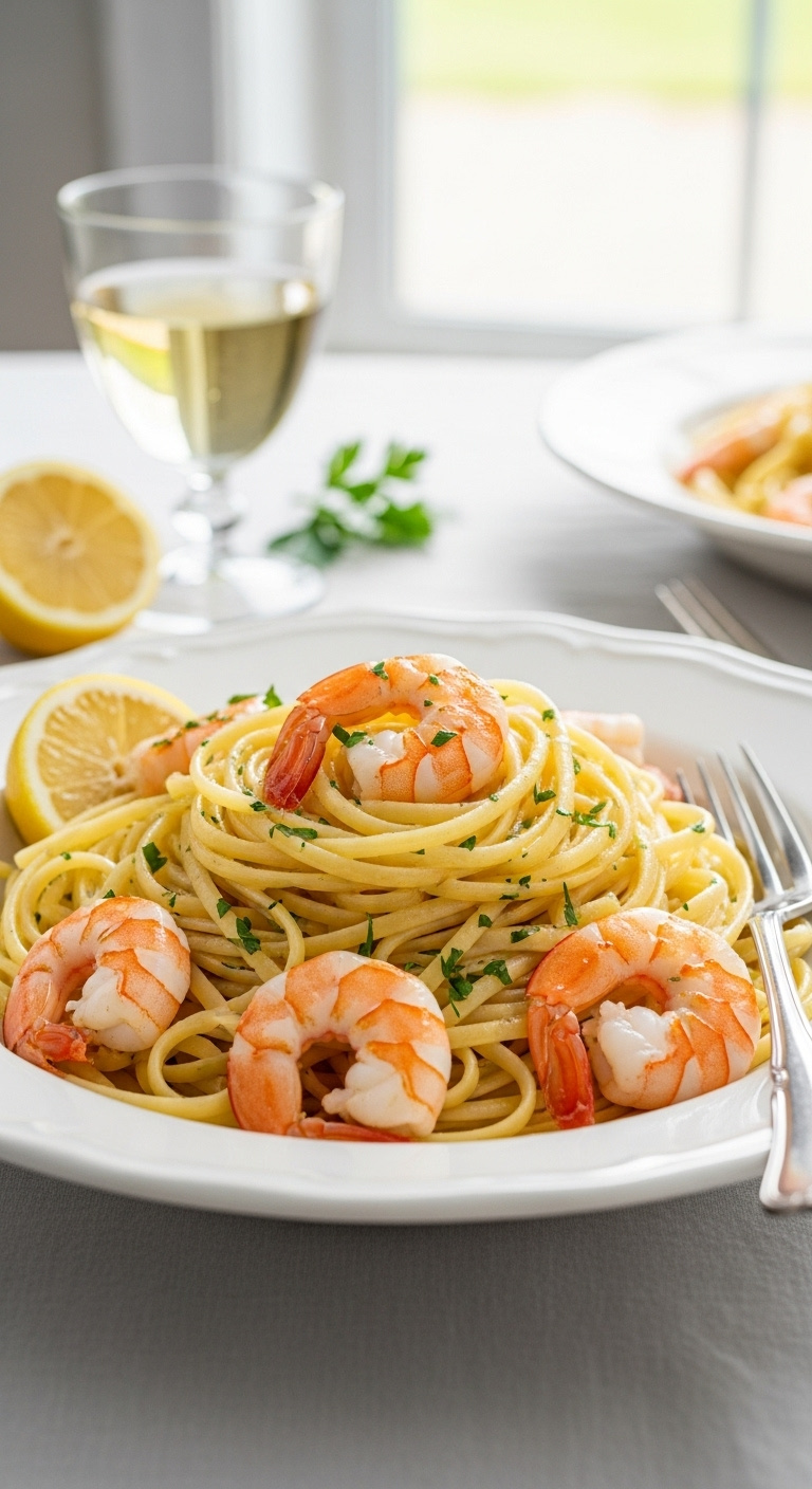 Lemon Garlic Butter Shrimp Scampi Linguine With Parsley In A White Bowl On A Linen Tablecloth With A Lemon Wedge And White Wine