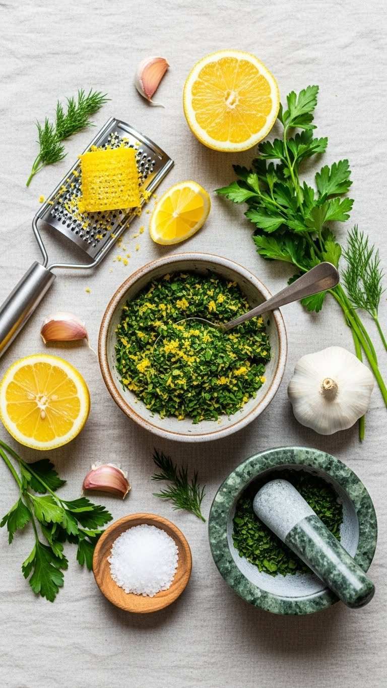 Lemon Garlic Herb Seasoning Blend In Ceramic Bowl With Fresh Ingredients And Herbs