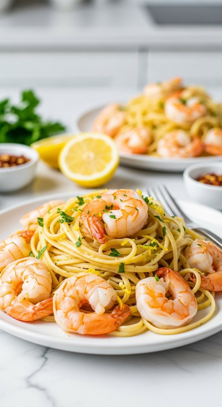 Lemon Garlic Shrimp Scampi With Plump Pink Shrimp And Al Dente Linguine In A Buttery Sauce.