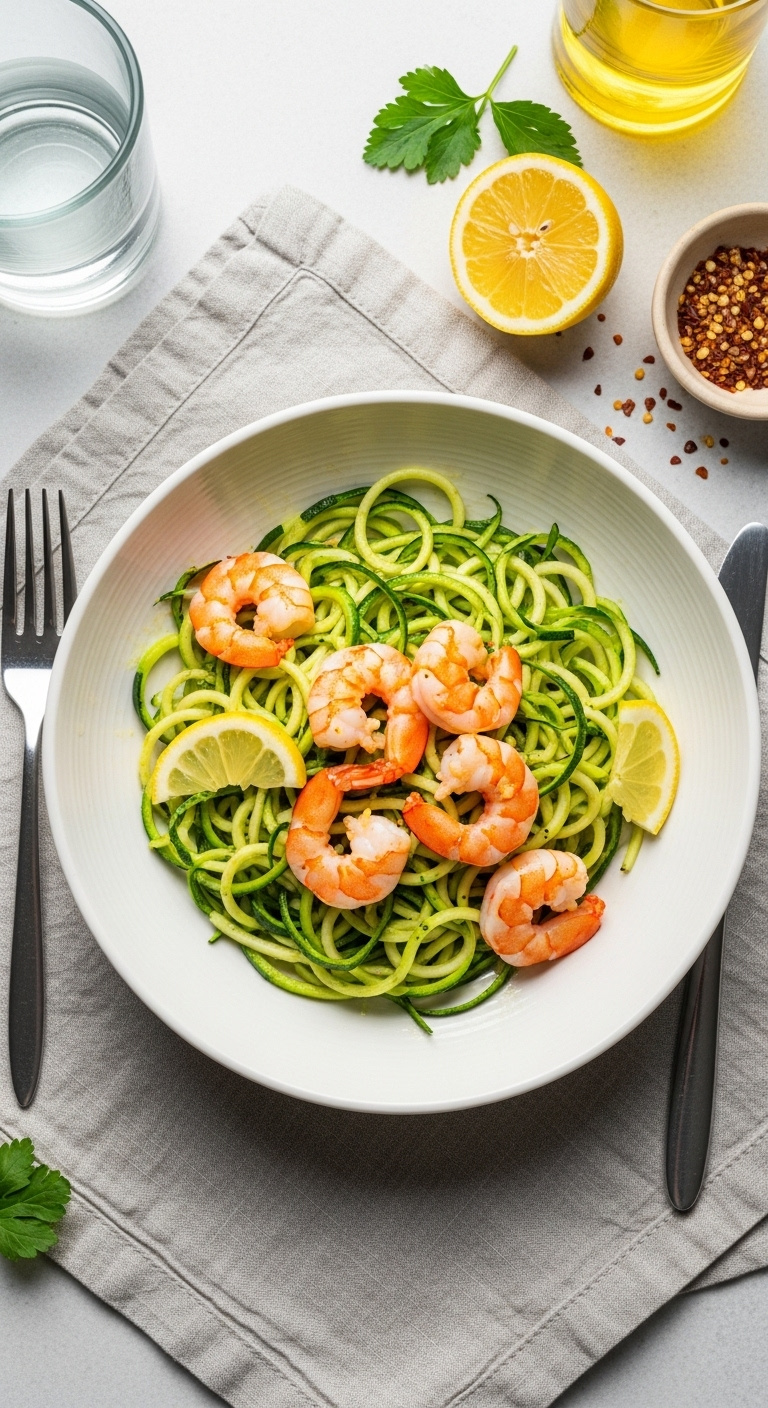 Lemon Garlic Shrimp With Zucchini Noodles In A White Pasta Bowl With A Fork, Lemon, And Red Pepper Flakes