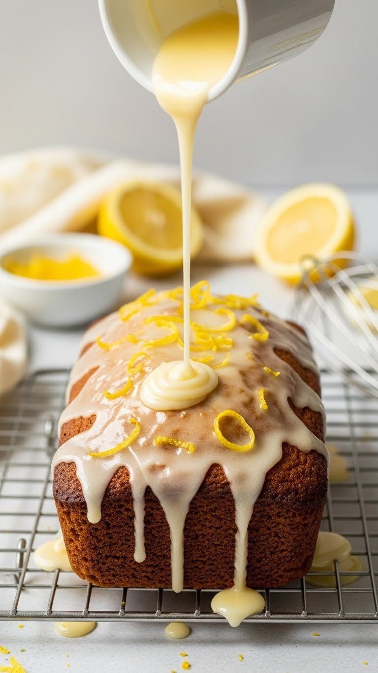 Lemon Glaze Drizzled Over Warm Zucchini Bread Loaf With Zest Sprinkled On Top Creating Glossy Finish