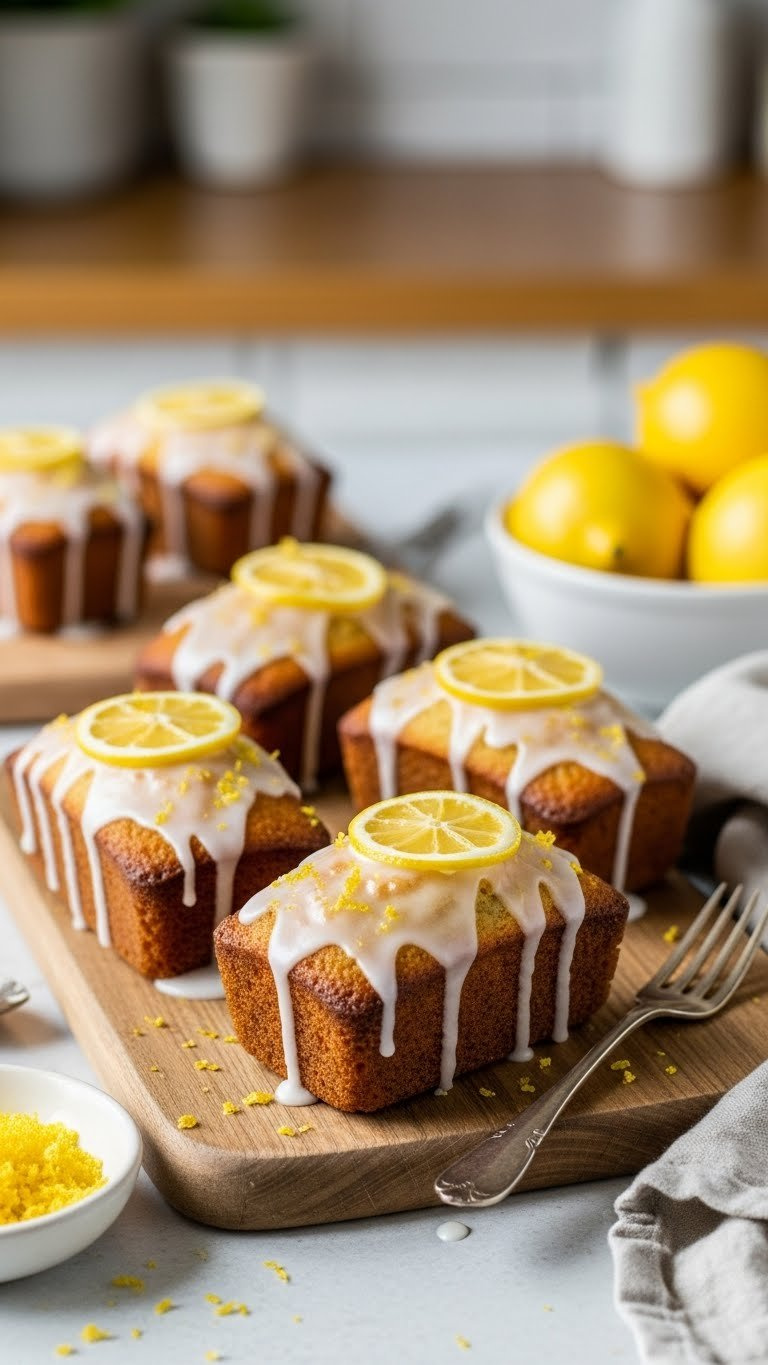 Lemon Glaze Mini Loaf Cakes With Candied Lemon Slices Arranged On Rustic Wooden Cutting Board
