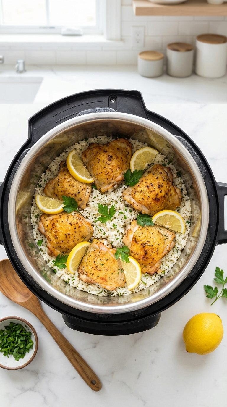 Lemon Herb Chicken And Rice One-Pot Meal With Golden-Brown Chicken Thighs Nestled In Herb-Flecked Rice With Lemon Slices And Parsley.