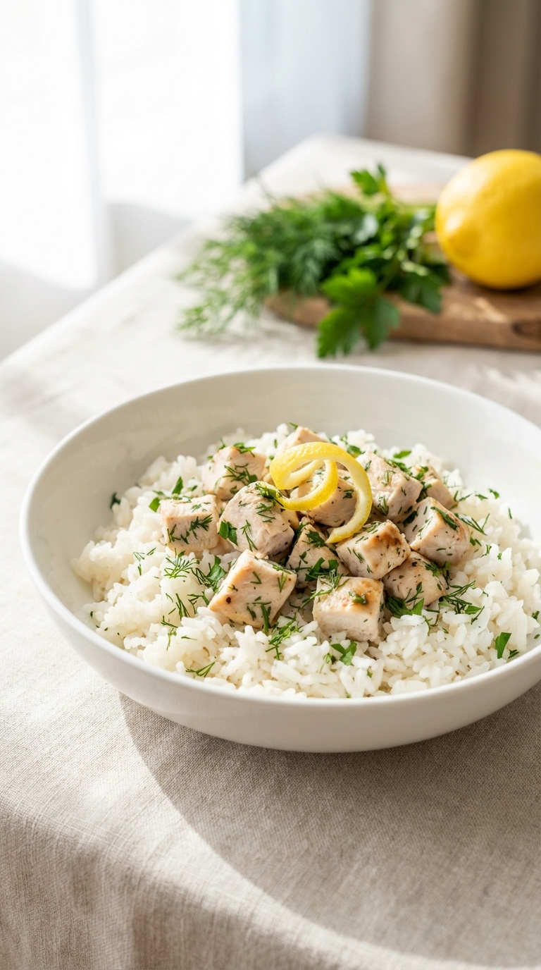 Lemon Herb Chicken And Rice With Fluffy Rice, Diced Chicken, Herbs, And Lemon Twist In White Bowl