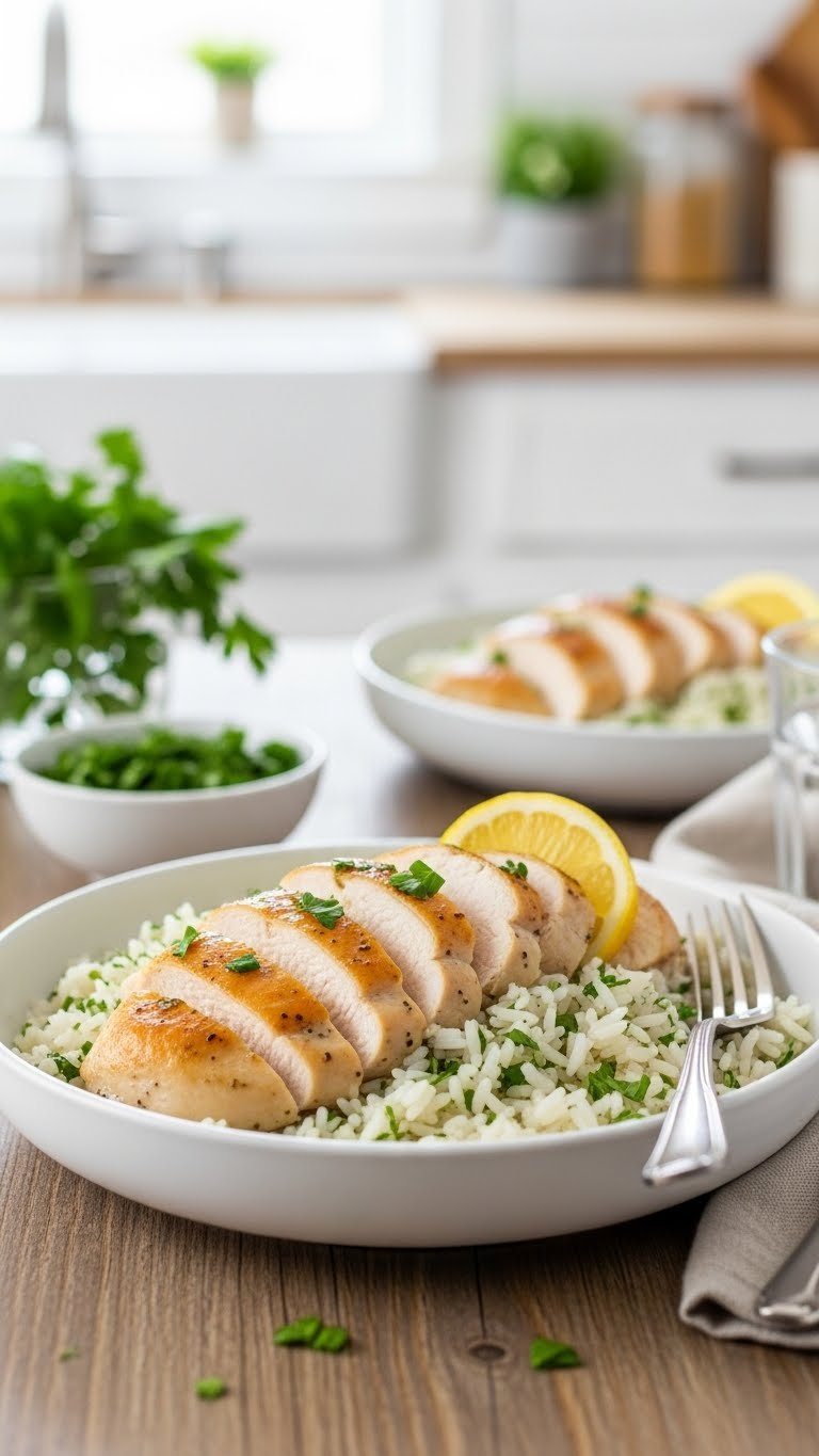 Lemon Herb Chicken With Fluffy Rice, Parsley, And Lemon, In A White Bowl On A Rustic Wooden Table.