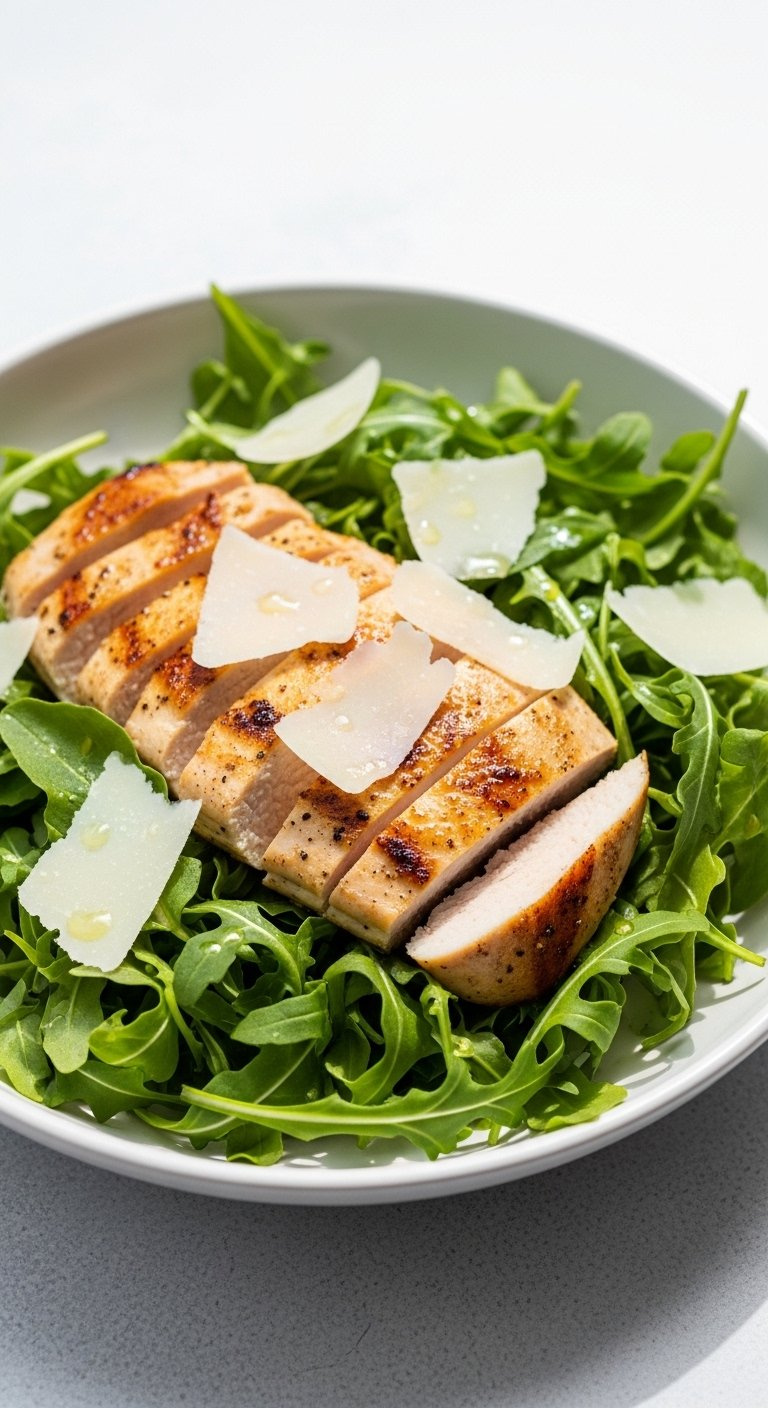 Lemon Herb Grilled Chicken And Arugula Salad Topped With Parmesan Shavings In A White Bowl.