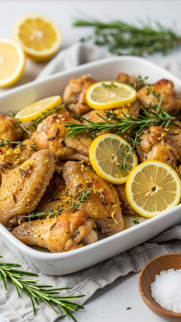 Lemon Herb Roasted Chicken Wings With Fresh Rosemary Sprigs And Lemon Slices On White Porcelain Dish