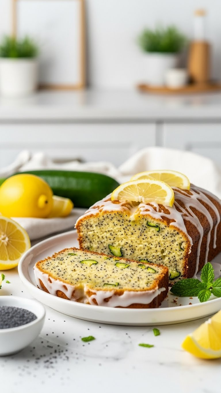 Lemon Poppy Seed Zucchini Loaf With Golden Crust And Lemon Glaze On White Ceramic Plate