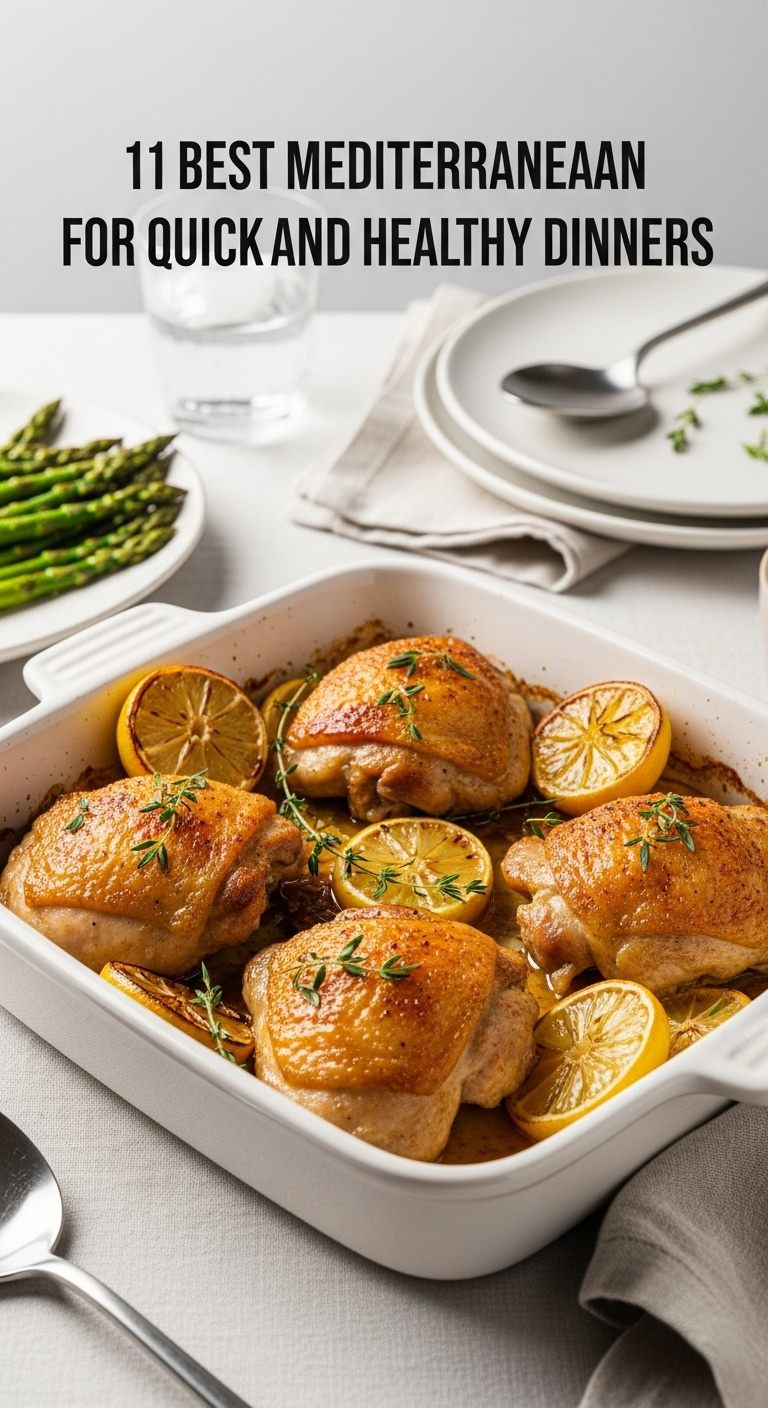Lemony Mediterranean Chicken With Roasted Lemon Slices And Fresh Herbs In A White Ceramic Baking Dish With Asparagus