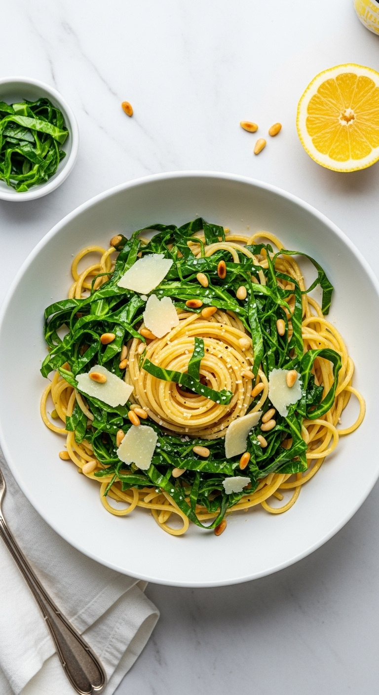 Lemony Collard Greens Pasta With Pine Nuts And Parmesan Cheese In White Bowl With Fork Lemon Half And Napkin