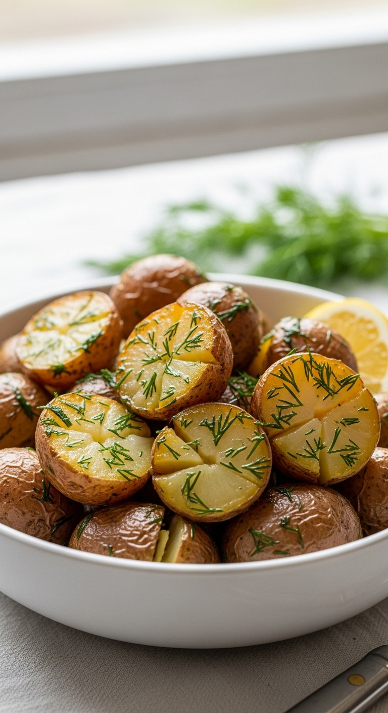 Lemony Dill Roasted Red Potatoes In A White Ceramic Bowl On A Linen Tablecloth With Fresh Dill And Lemon