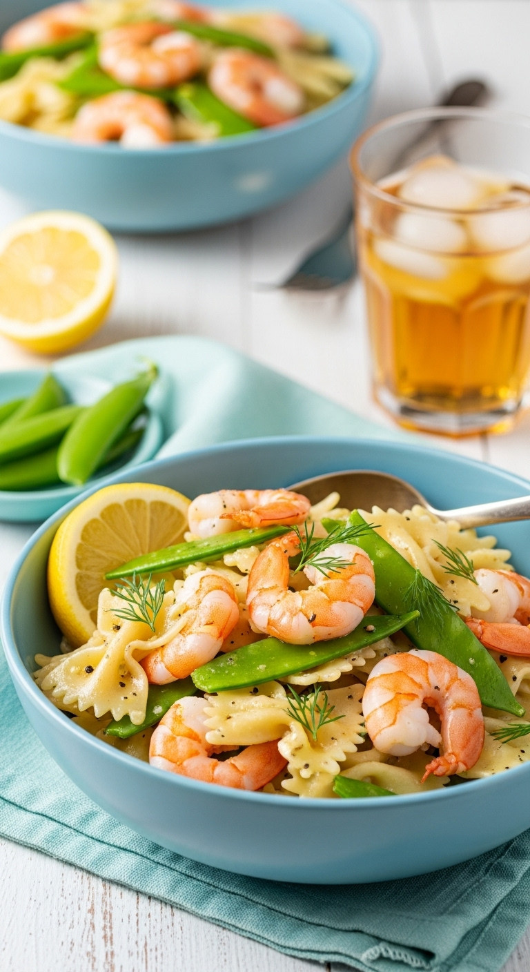 Lemony Shrimp And Snow Pea Pasta With Farfalle Plump Pink Shrimp And Lemon Butter Sauce In A Light Blue Ceramic Bowl