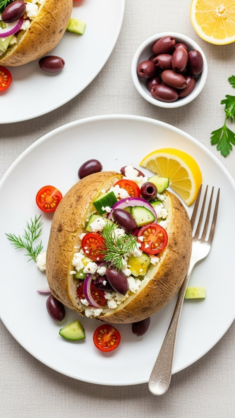 Light Mediterranean Veggie Baked Potato With Feta, Olives, And Fresh Herbs On White Ceramic Plate
