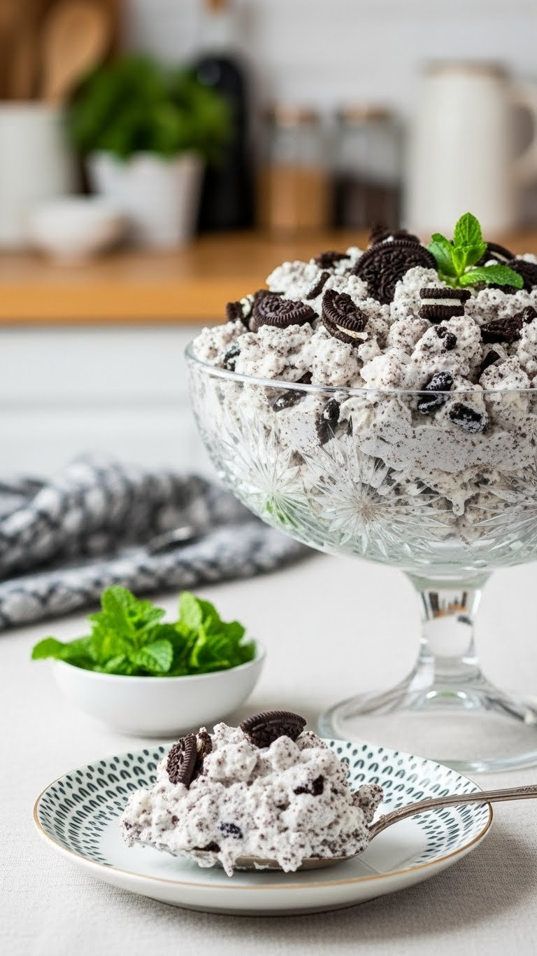 Light, Airy Oreo Fluff Salad In A Crystal Bowl, With Creamy Mousse, Oreo Chunks, And Fresh Mint Garnish. Elegant Dessert.