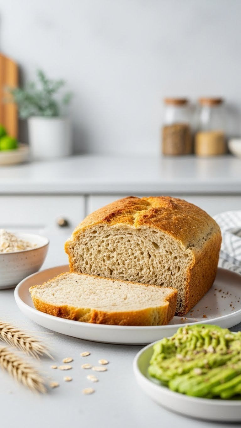 Light Airy Gluten-Free Bread With Soft Uniform Crumb And Gently Browned Crust On White Ceramic Plate.