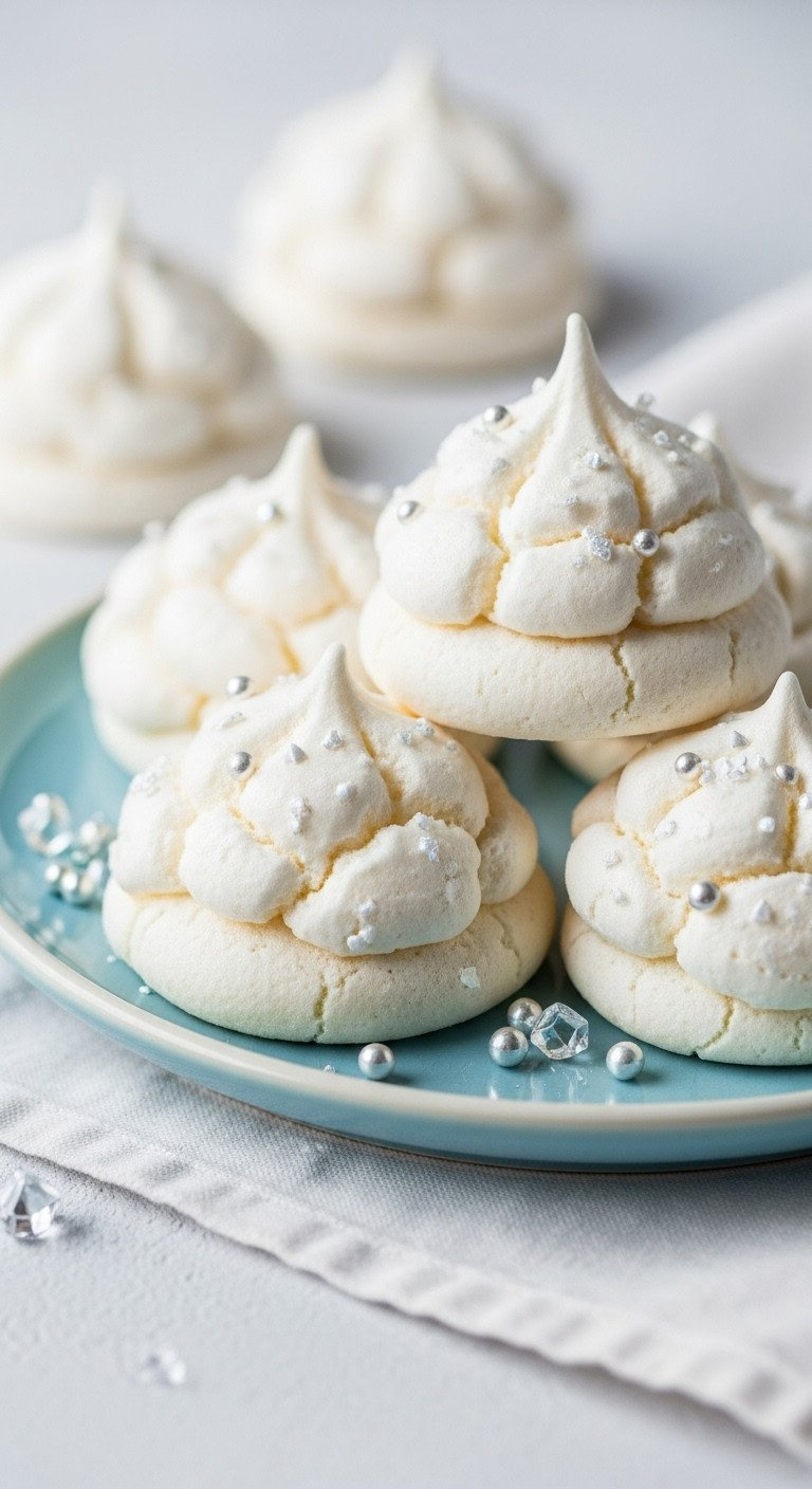 Light And Airy White Meringue 'Snowball' Cookies With Delicate Peaks, Piled On A Light Blue Ceramic Plate For A Wintery Dessert.
