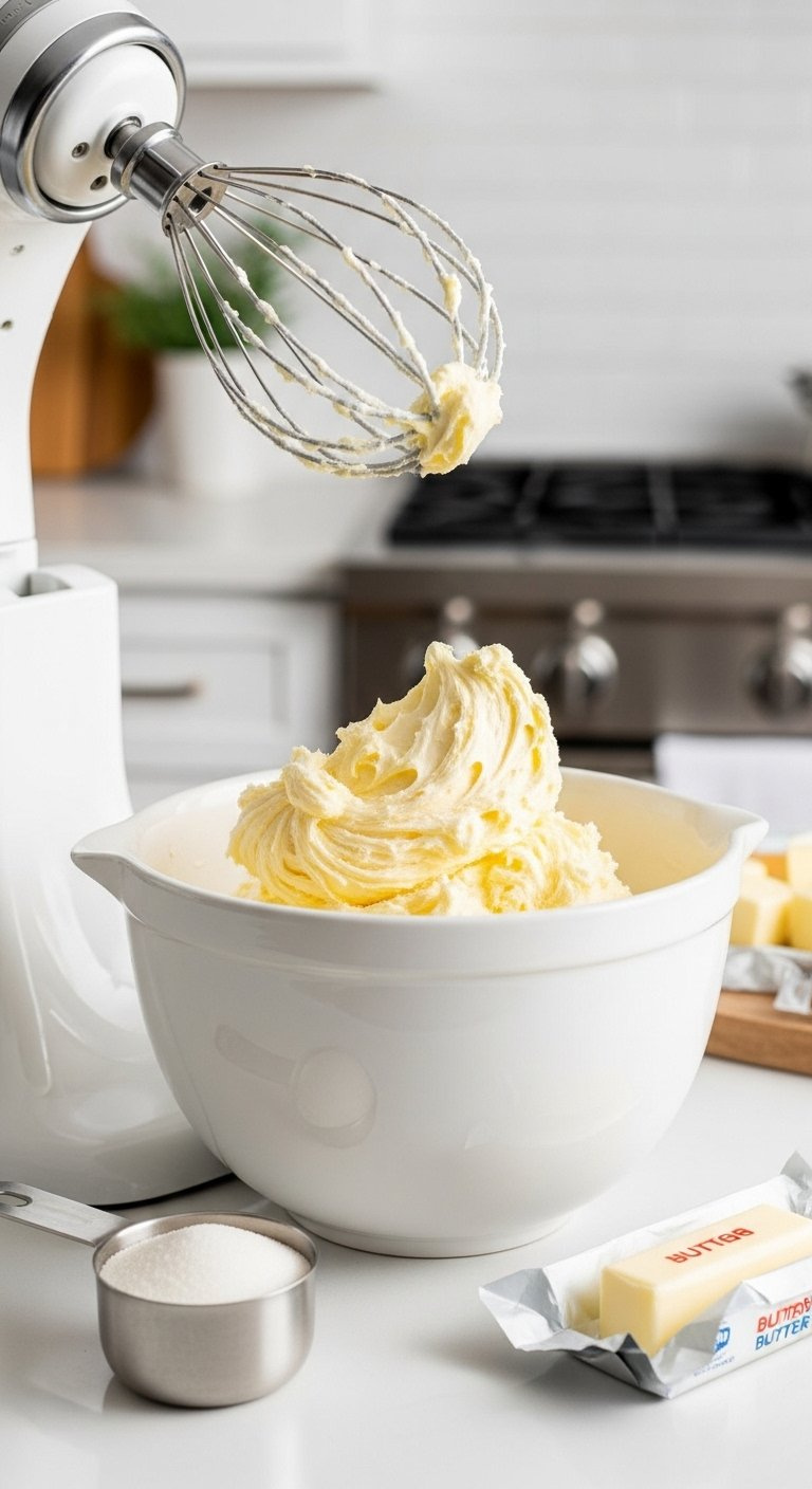 Light And Fluffy Creamed Butter And Sugar Mixture In A White Ceramic Mixing Bowl With A Whisk.