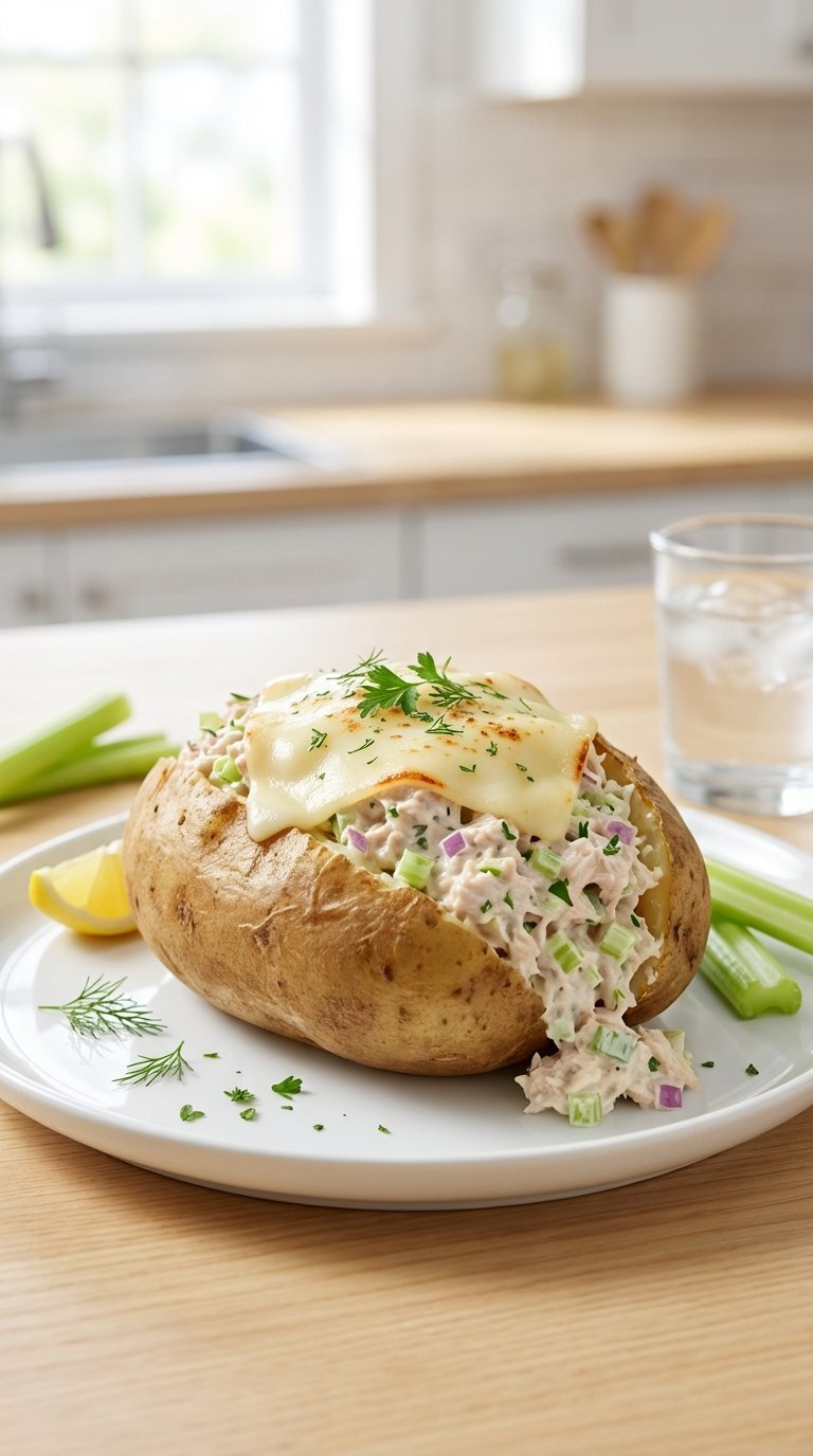 Light And Healthy Tuna Melt Baked Potato With Creamy Tuna Salad And Melted Provolone Cheese Garnish
