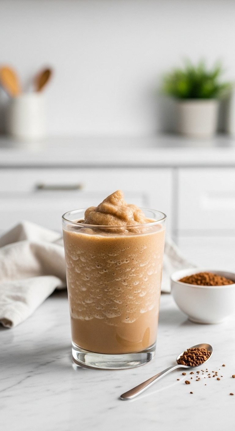 Light Brown Instant Frozen Coffee Blend With Frothy Top On A Marble Countertop In A Bright Modern Kitchen.