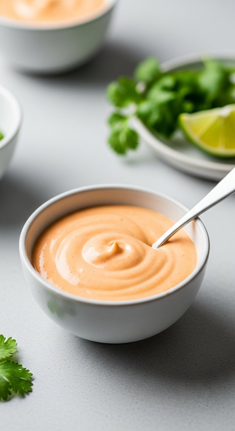 Light Ceramic Bowl Filled With Smooth Creamy Pastel Orange Gochujang Sauce With A Silver Spoon.