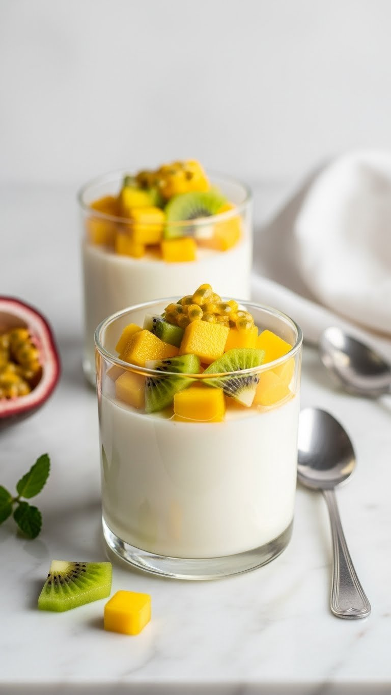 Light Coconut Yogurt Panna Cotta With Tropical Fruit Medley In Glass Tumblers On Marble Countertop