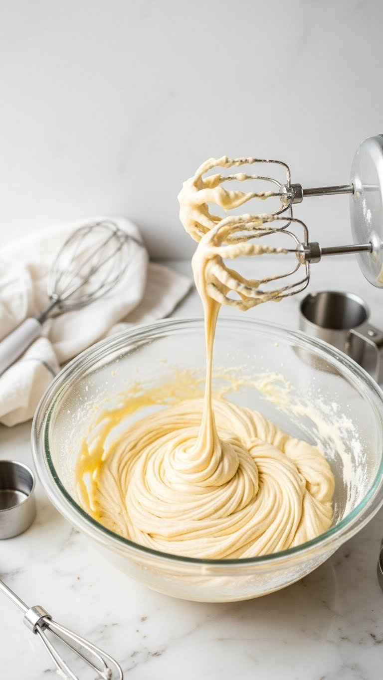 Light Fluffy Cake Batter Actively Whipping In A Clear Glass Bowl On Marble, Hand Mixer Visible, Baking Tools.
