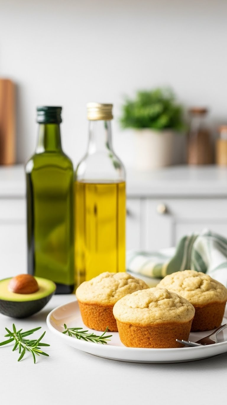 Light Golden Brown Muffin With Moist Texture, Avocado And Olive Oil Bottles Arranged On White Ceramic Plate.
