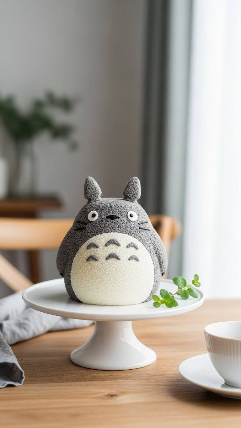 Light Gray Totoro Chiffon Cake With White Belly And Minimalist Face On A White Cake Stand