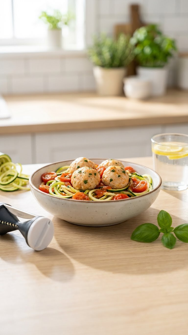 Light, Healthy Instant Pot Turkey Meatballs With Zucchini Noodles, Tomatoes, And Basil In A Modern Bowl.