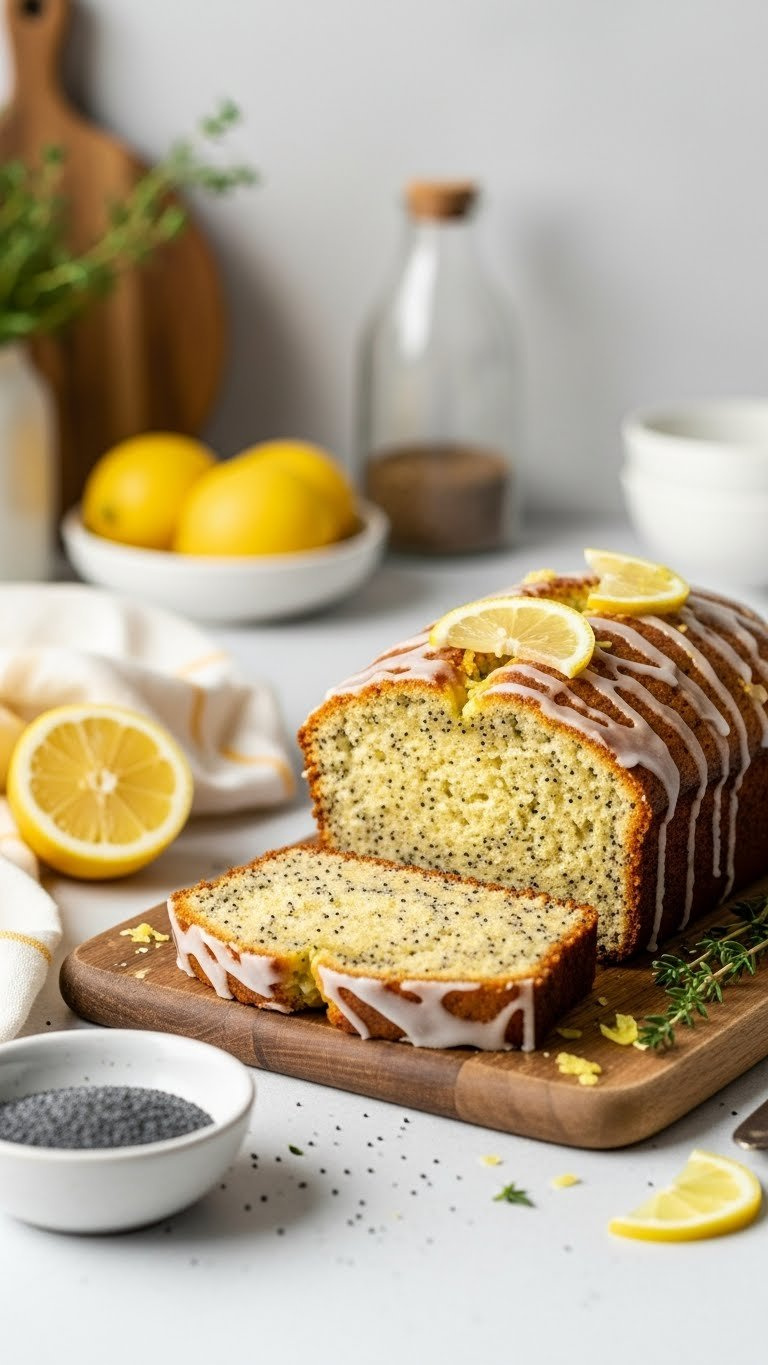 Light Moist Lemon Poppy Seed Loaf With Delicate Glaze On Rustic Wooden Cutting Board