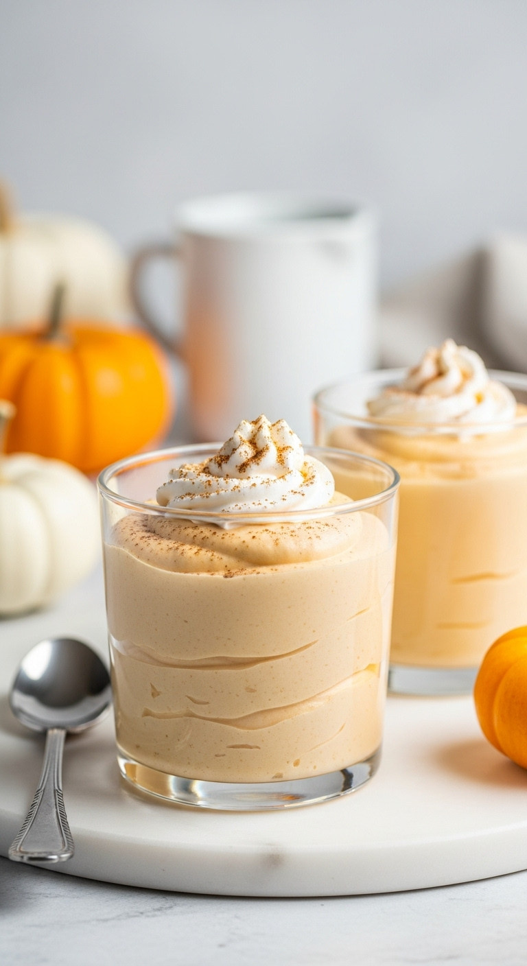 Light No-Bake Pumpkin Mousse In Glass Cups, Topped With Whipped Cream And Cinnamon, On A Clean White Marble Surface.