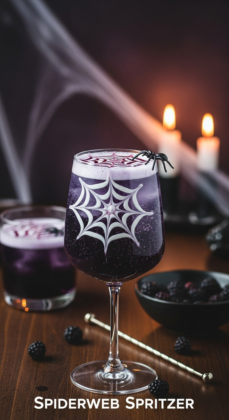 Light Purple Spiderweb Spritzer With White Spiderweb Design, Plastic Spider On Rim. Elegant Halloween Drink For Spooky Parties.