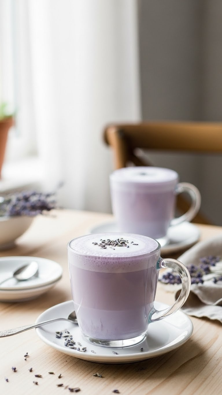 Light Purple Lavender Vanilla Latte With Dried Lavender Buds In Clear Glass Mug On Light Wooden Table.